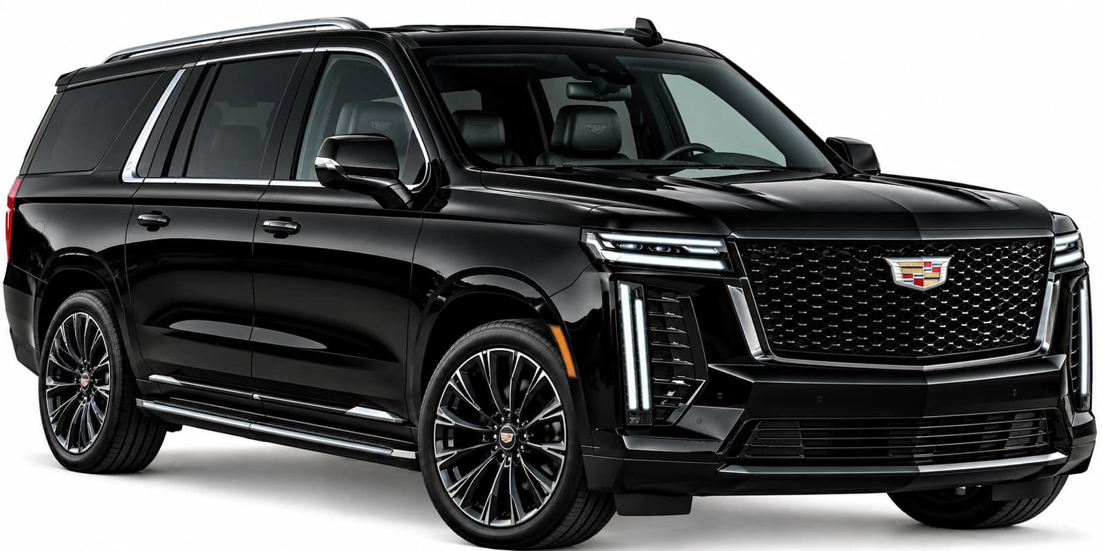 Black Cadillac Escalade SUV, front three-quarter view, with chrome grille and LED headlights.