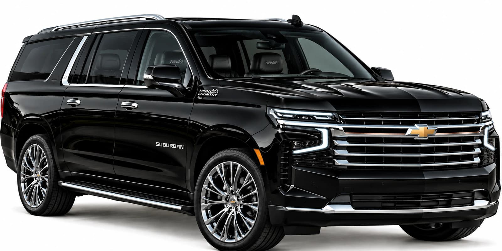Black Chevy Suburban SUV, front three-quarter view, with chrome grille, LED headlights and alloy wheels.