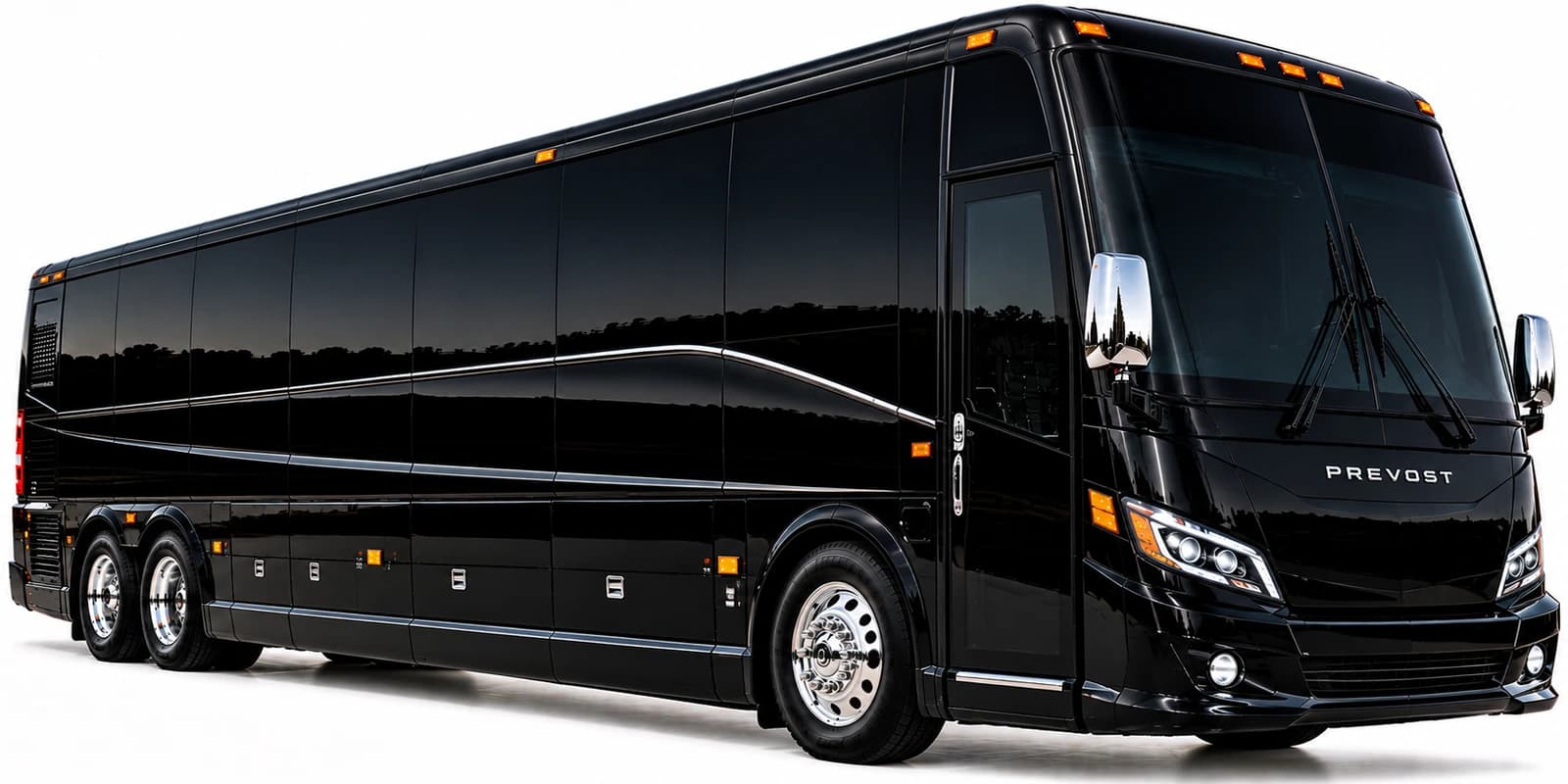 Black full-size bus, front three-quarter view, with large windows and chrome mirrors.