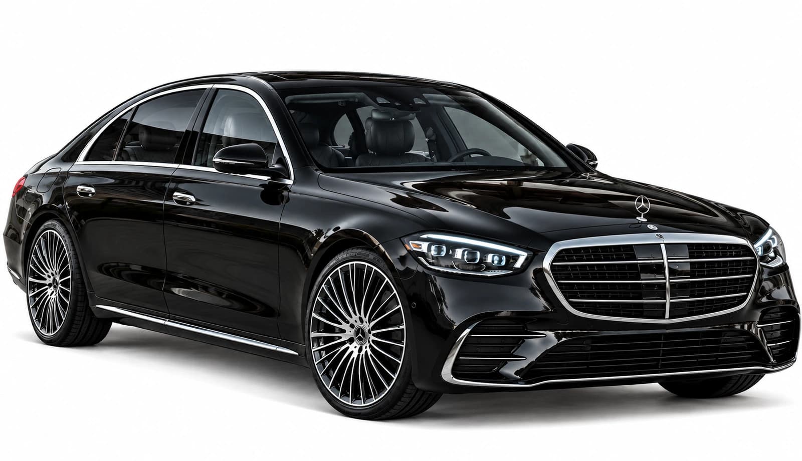 Black Mercedes-Benz S-Class sedan, front three-quarter view, with chrome grille and alloy wheels.