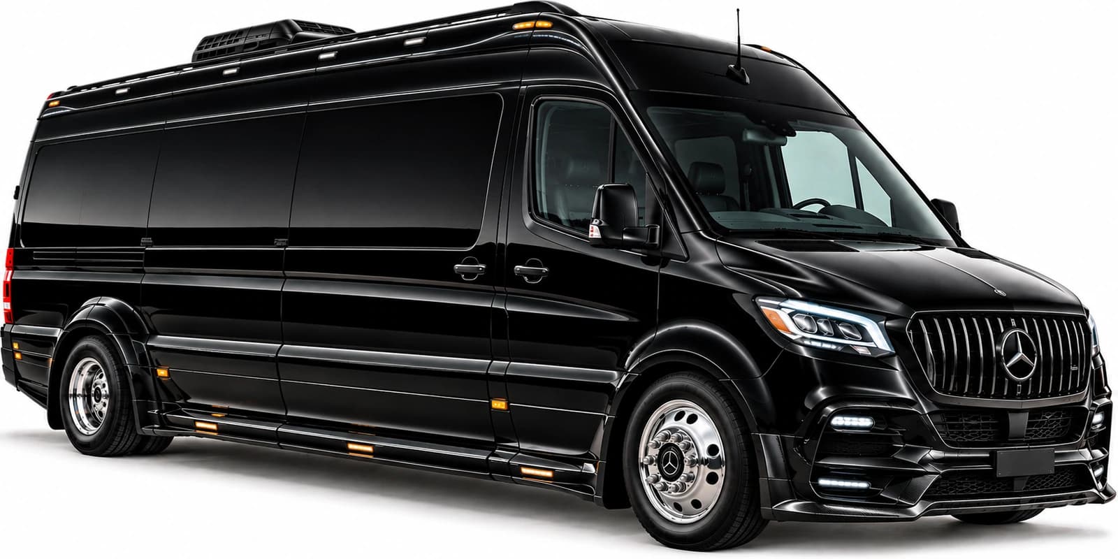Mercedes-Benz Executive Sprinter van, front three-quarter view, with chrome wheels and tinted windows.