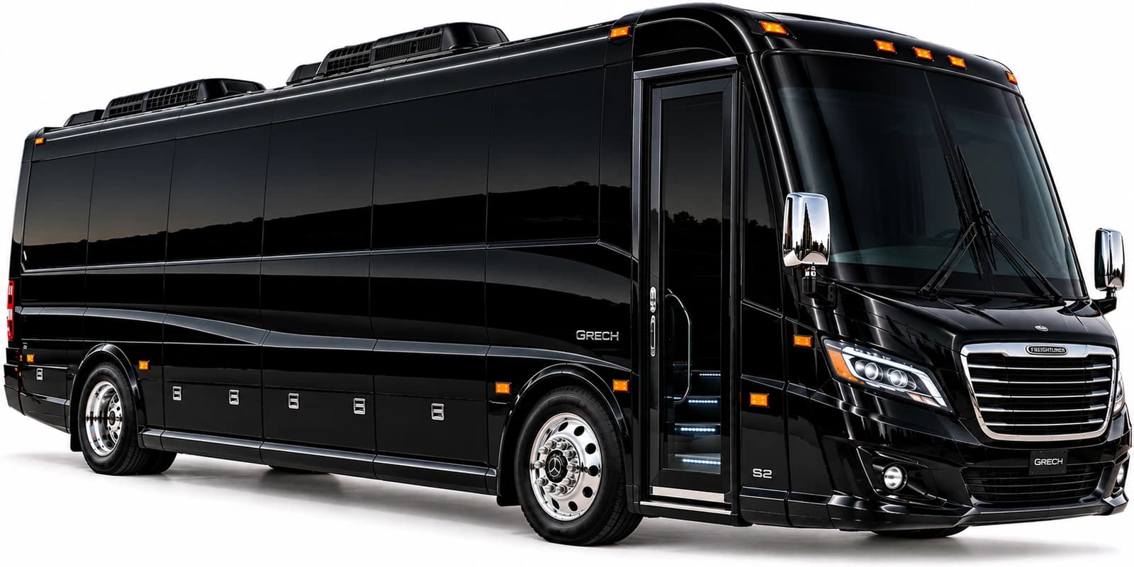 Black Grech mini coach with large tinted windows and chrome wheels.