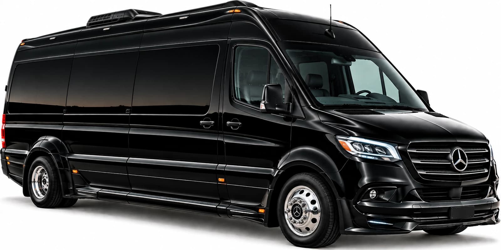 Black Mercedes-Benz Party Limo Sprinter, front-left view, with tinted windows and chrome wheels.