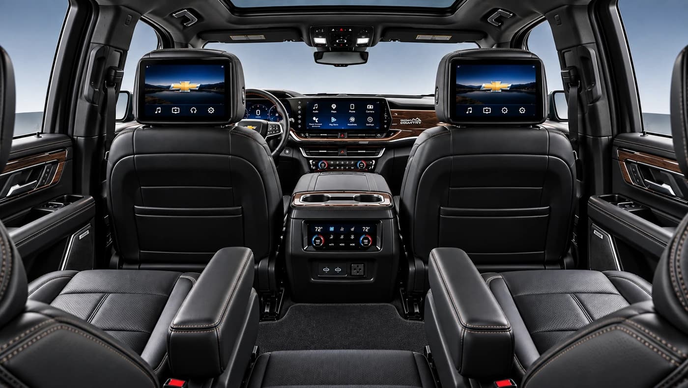 Chevy Suburban rear seats with headrest-mounted entertainment screens.