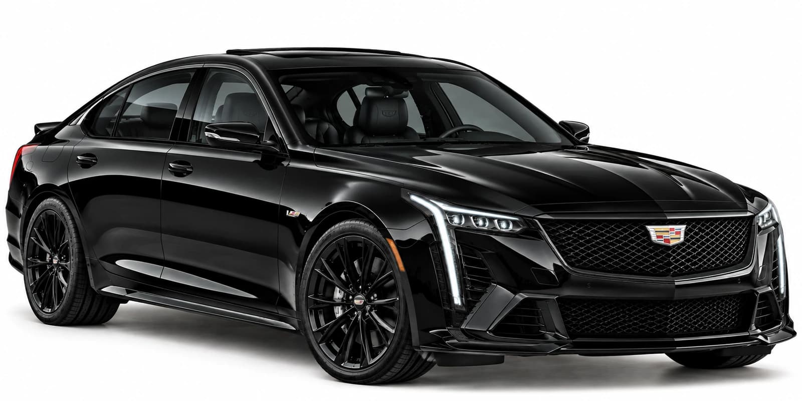 Black Cadillac CT5 sedan, front three-quarter view, with tinted windows and chrome details.